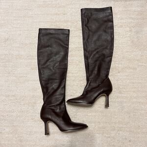 Zara Knee Leather Heel Square Toe Brown Boots EU 36/US 6 20003101100